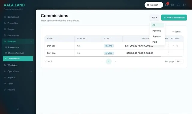 Agent commissions with status filter in AALA.LAND