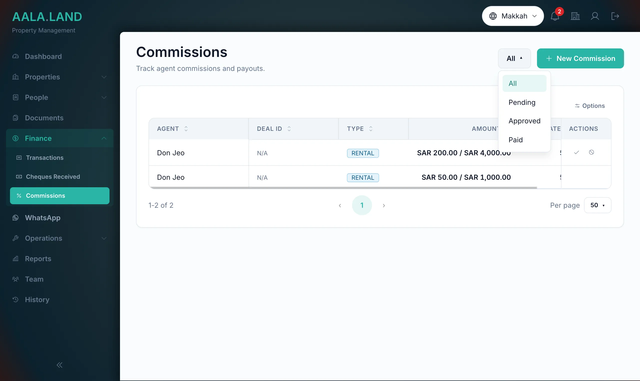 Agent commissions with status filter in AALA.LAND
