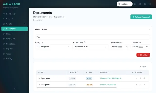 Documents library with category and access filters in AALA.LAND