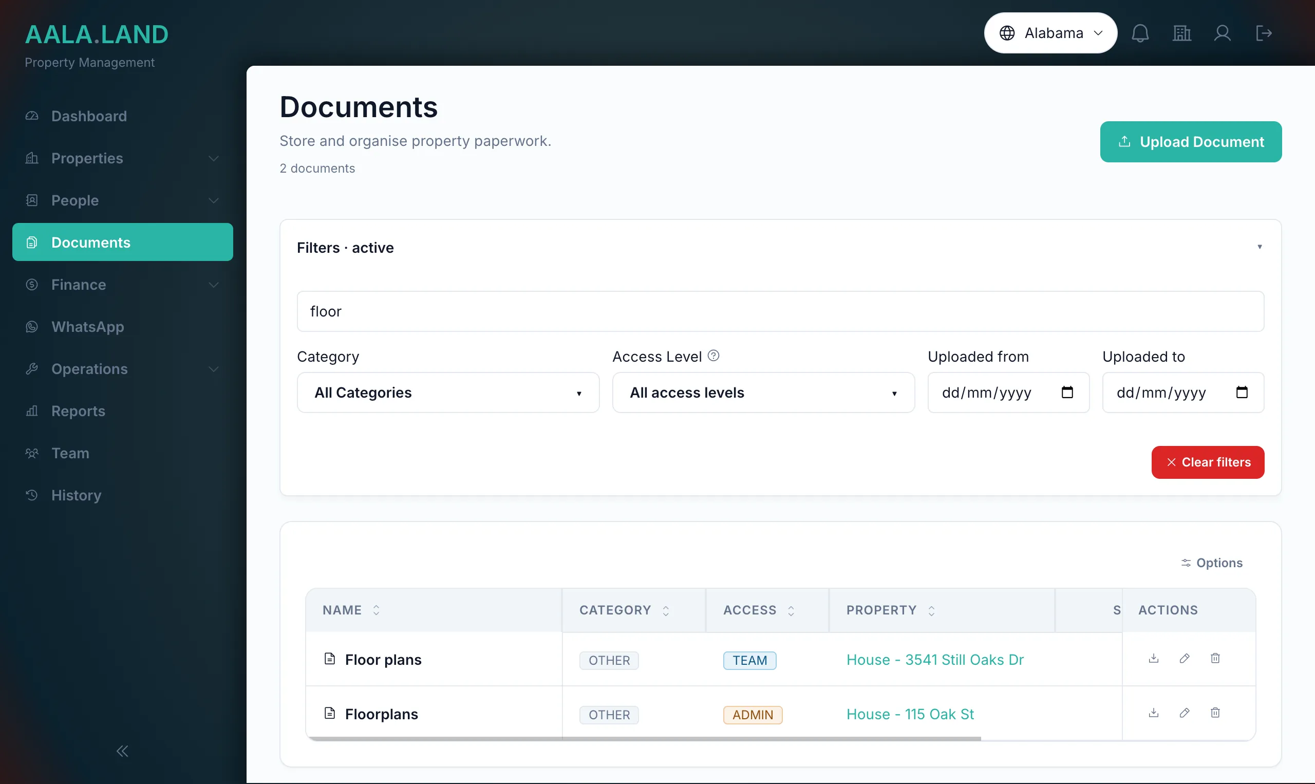 Documents library with category and access filters in AALA.LAND