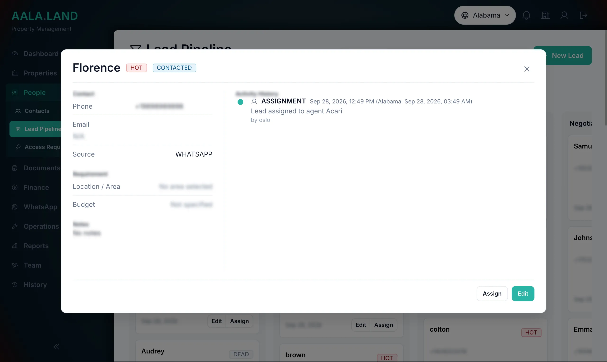 Lead details with source, requirements and activity history in AALA.LAND