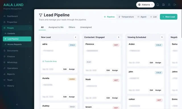 Lead pipeline kanban board in AALA.LAND
