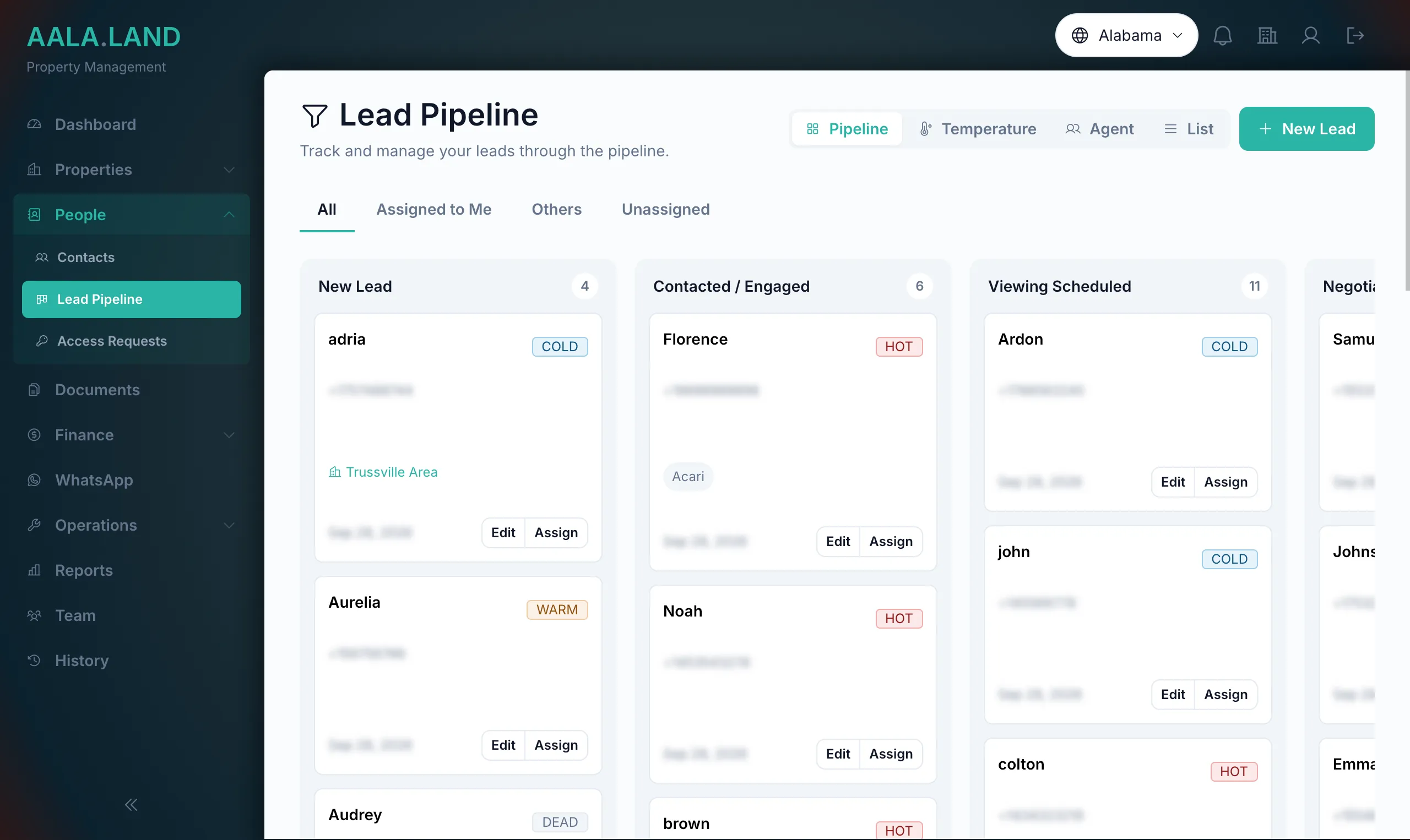 Lead pipeline kanban board in AALA.LAND