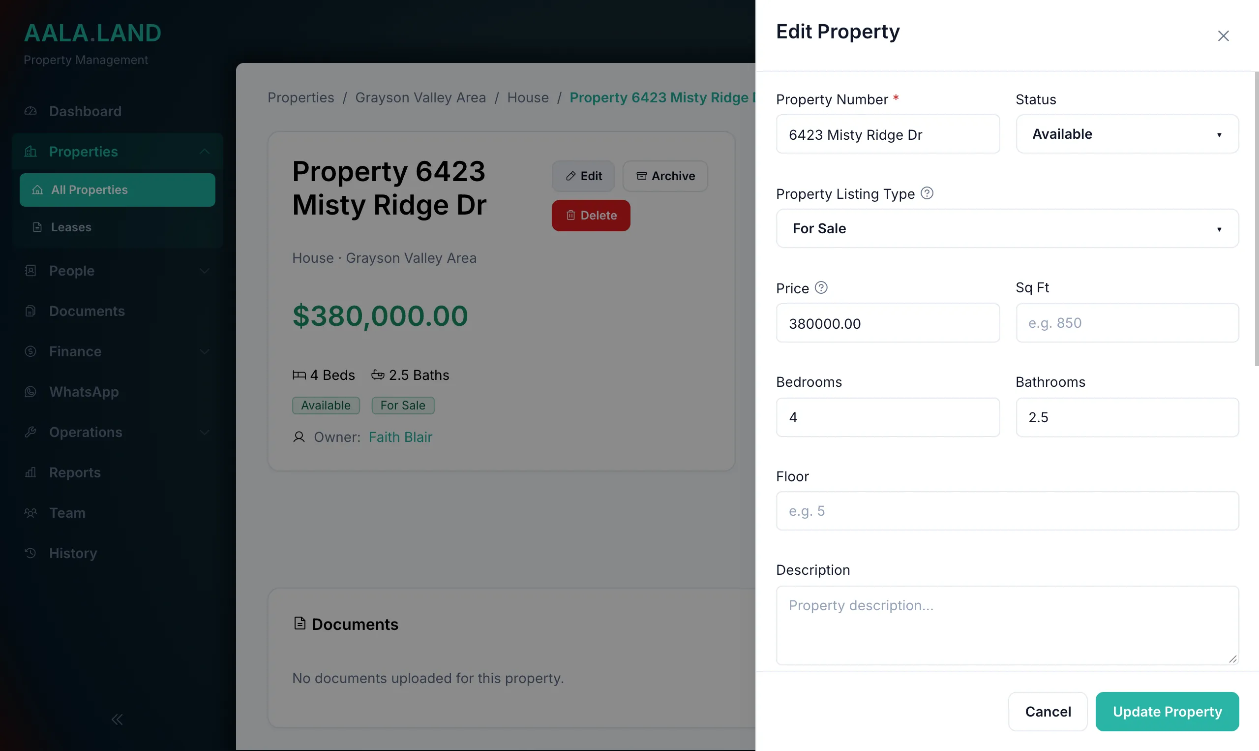 Property edit panel in AALA.LAND