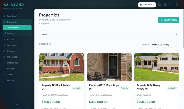 Property listings with photos, prices and status in AALA.LAND