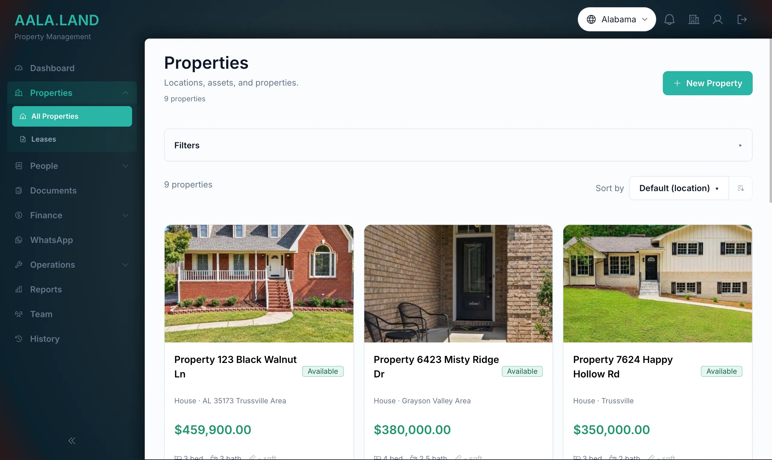 Property listings with photos, prices and status in AALA.LAND