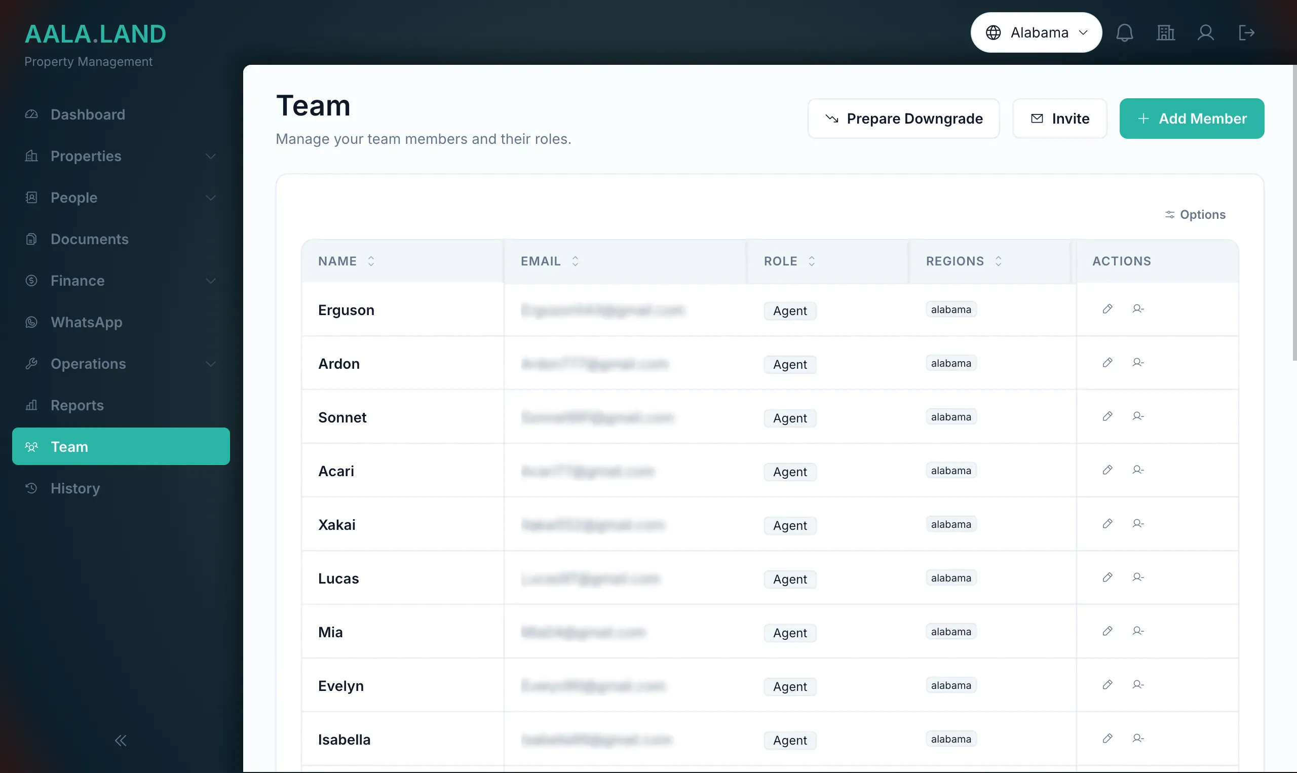 Team members with roles and regions in AALA.LAND