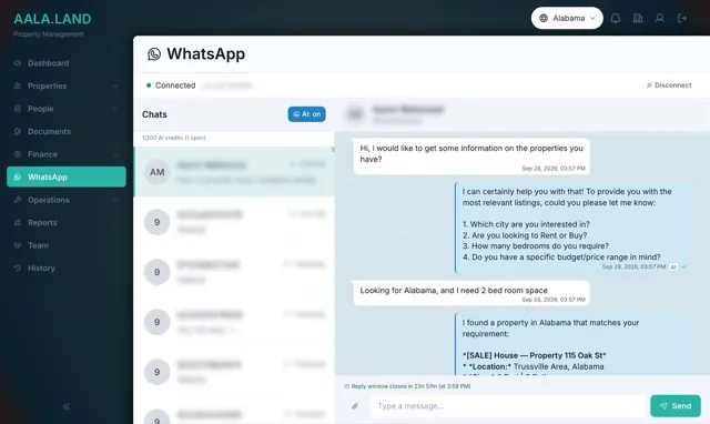 AI assistant qualifying a lead and matching a property on WhatsApp in AALA.LAND