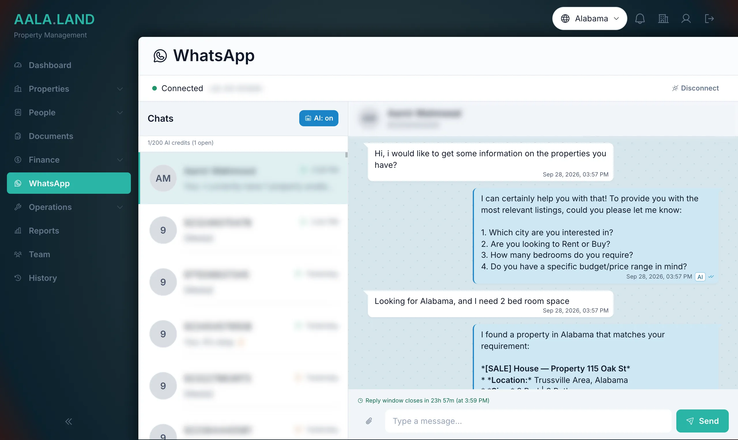 AI assistant qualifying a lead and matching a property on WhatsApp in AALA.LAND