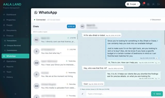 WhatsApp inbox with chats and an AI-assisted conversation in AALA.LAND