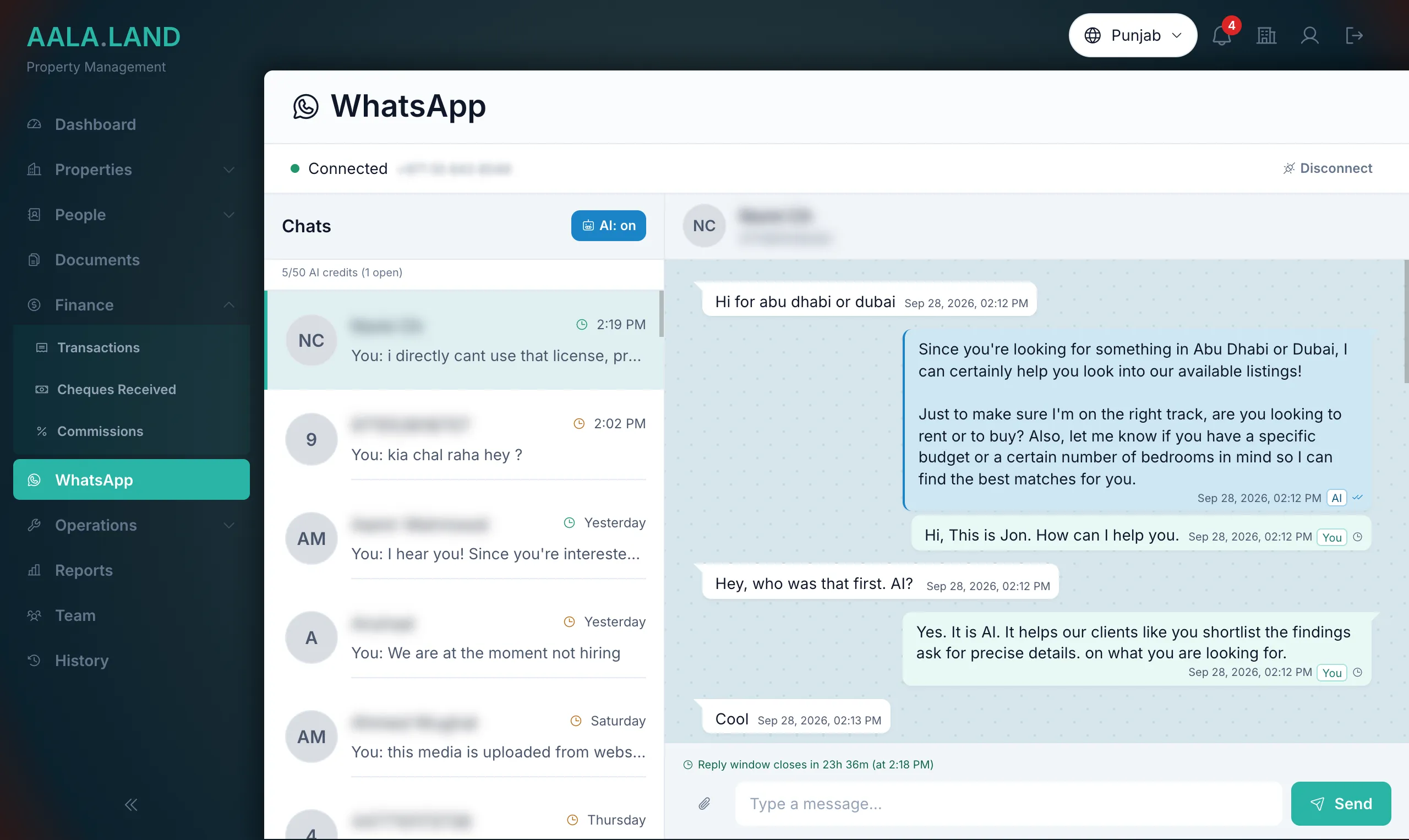WhatsApp inbox with chats and an AI-assisted conversation in AALA.LAND